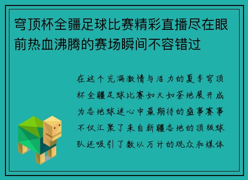 穹顶杯全疆足球比赛精彩直播尽在眼前热血沸腾的赛场瞬间不容错过