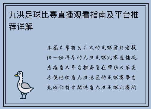 九洪足球比赛直播观看指南及平台推荐详解